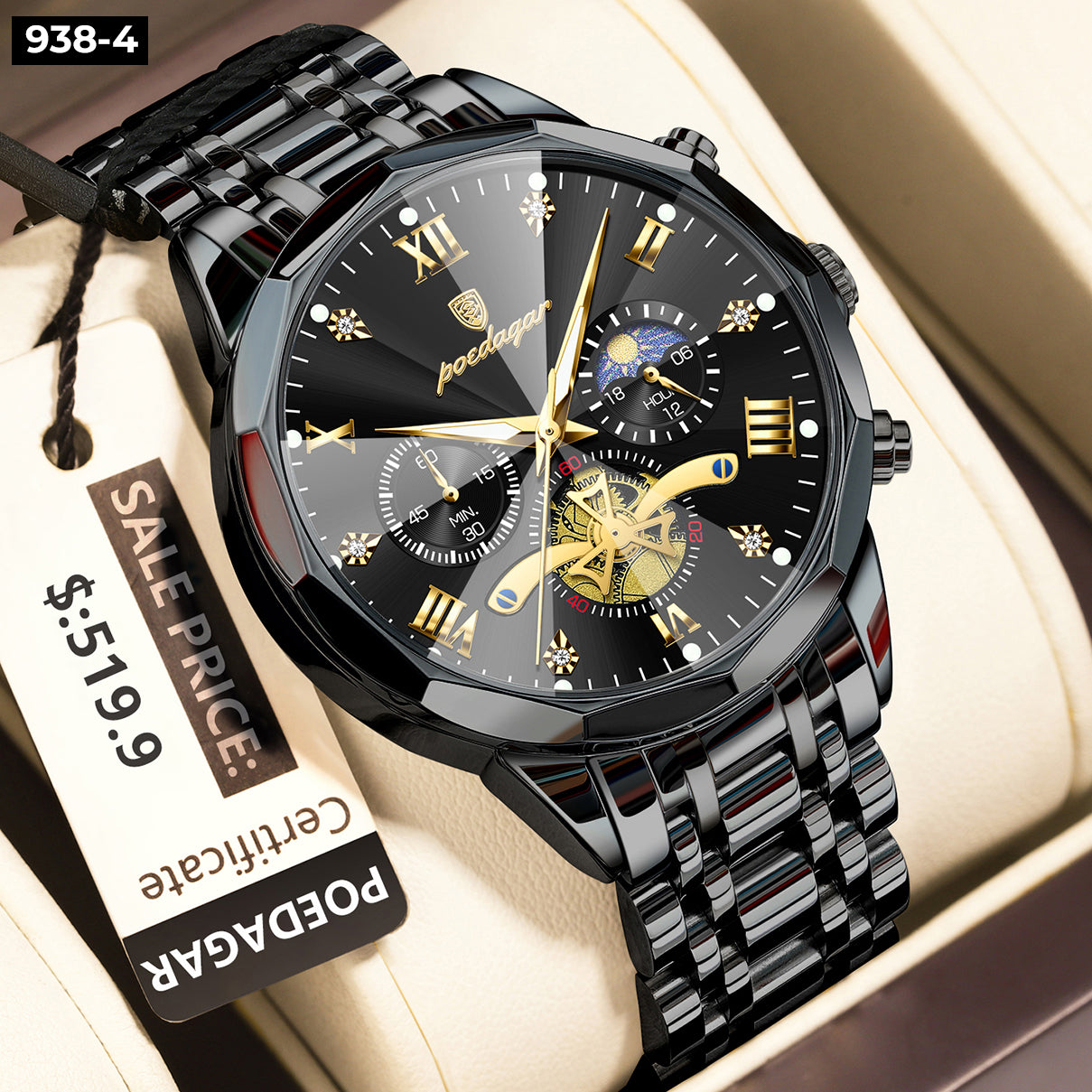 Reloj Poedagar 938 Metal Cronógrafo  Hombre- Bicolor Cara Blanca
