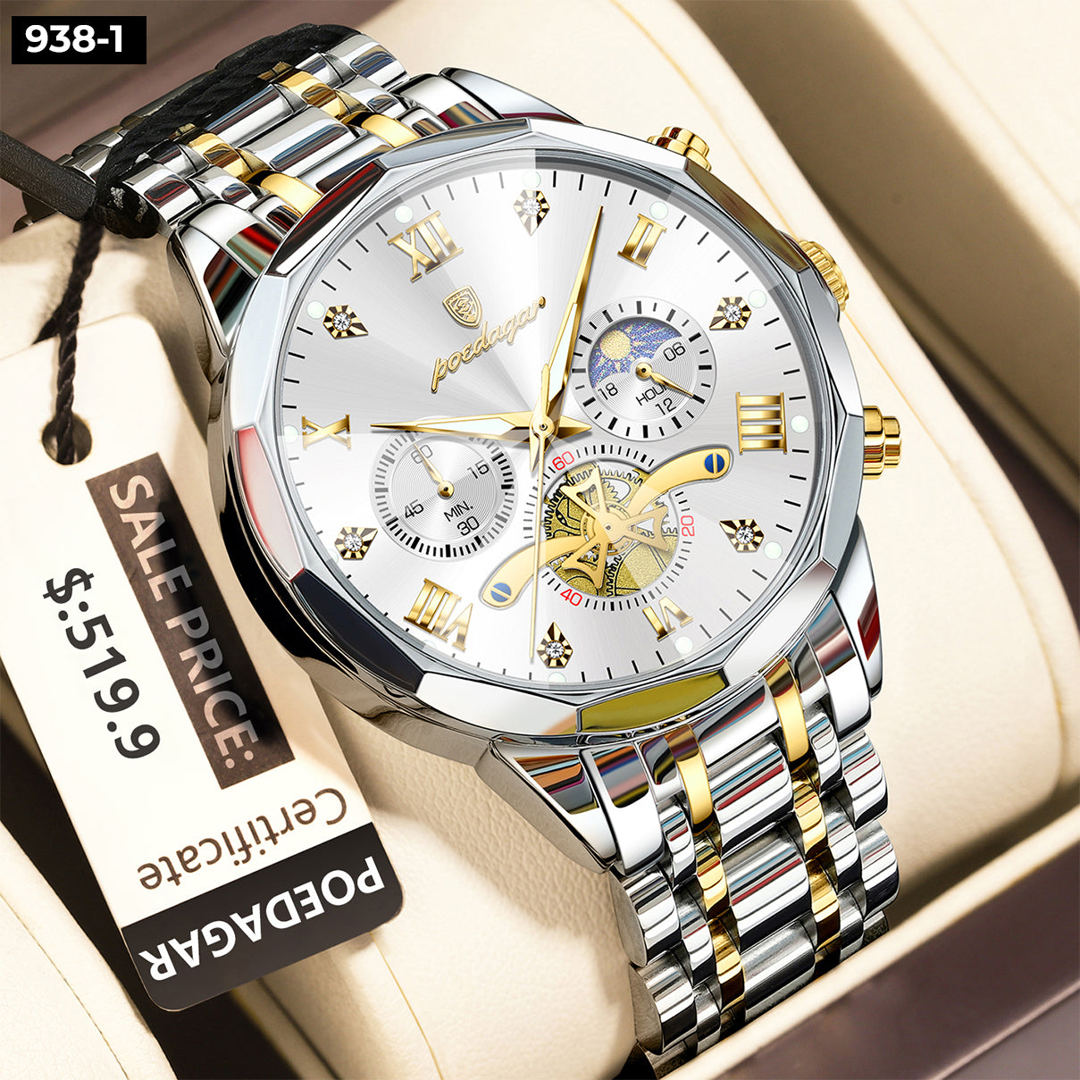 Reloj Poedagar 938 Metal Cronógrafo  Hombre- Bicolor Cara Blanca