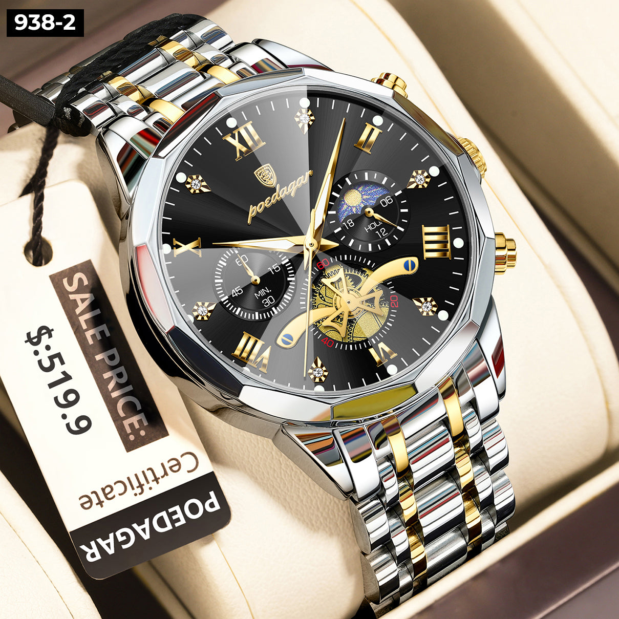 Reloj Poedagar 938 Metal Cronógrafo  Hombre- Bicolor Cara Blanca