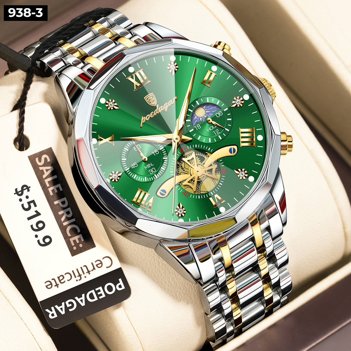 Reloj Poedagar 938 Metal Cronógrafo  Hombre- Bicolor Cara Blanca